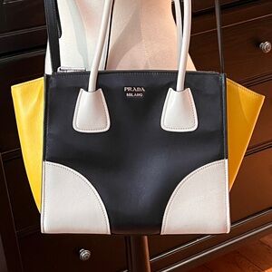 Prada Glace Calfskin Tricolor Tote Bag Nero-Talco-Sole Black White & Yellow